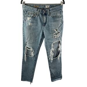 AG Jeans The Beau Slouchy Skinny Jeans Blue Distressed Destroyed Raw Hem Sz 26R